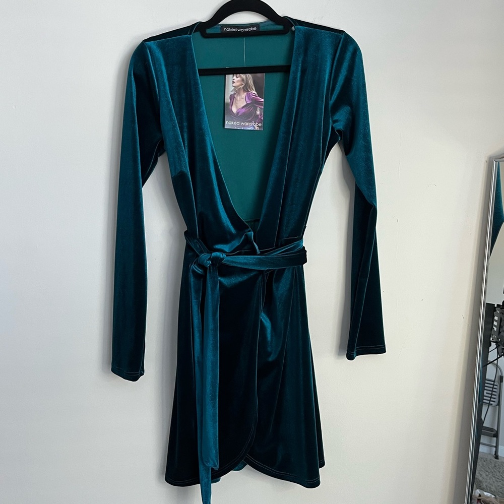 Blue Green Velvet Wrap-Around Long Sleeve Dress | Naked Wardrobe